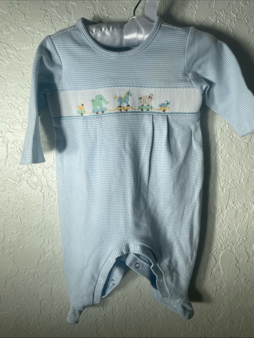 Edgehill Collection Light Blue Striped Smocked Animal Footie